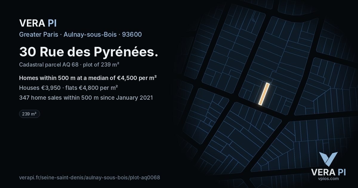 30 Rue des Pyrénées, Aulnay-sous-Bois at night – the plot lit, the parcels around coloured by the prices near them