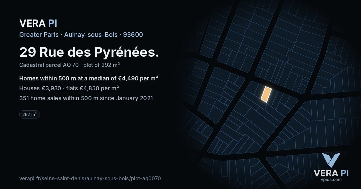 29 Rue des Pyrénées, Aulnay-sous-Bois at night – the plot lit, the parcels around coloured by the prices near them