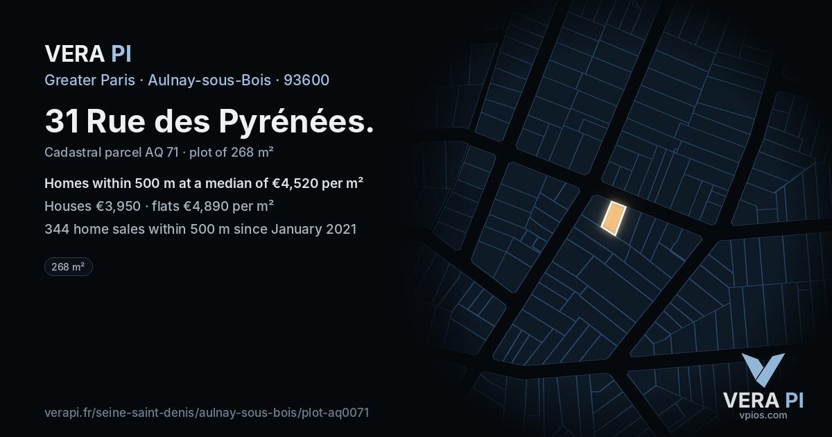 31 Rue des Pyrénées, Aulnay-sous-Bois at night – the plot lit, the parcels around coloured by the prices near them