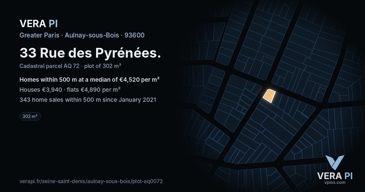 33 Rue des Pyrénées, Aulnay-sous-Bois at night – the plot lit, the parcels around coloured by the prices near them