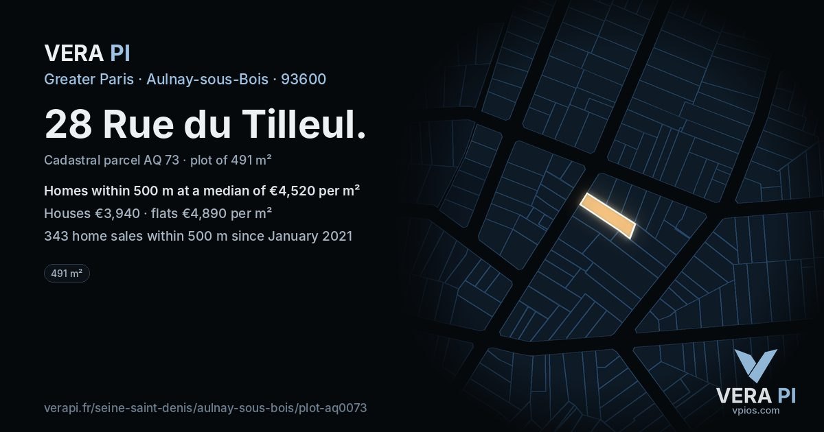 28 Rue du Tilleul, Aulnay-sous-Bois at night – the plot lit, the parcels around coloured by the prices near them