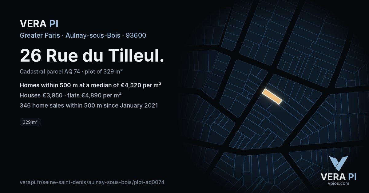 26 Rue du Tilleul, Aulnay-sous-Bois at night – the plot lit, the parcels around coloured by the prices near them