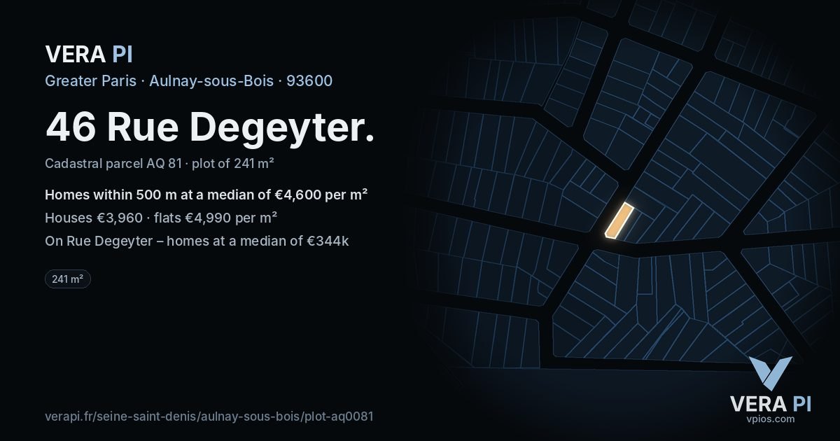 46 Rue Degeyter, Aulnay-sous-Bois at night – the plot lit, the parcels around coloured by the prices near them