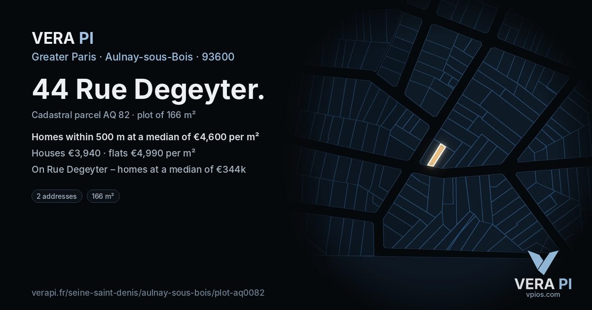44 Rue Degeyter, Aulnay-sous-Bois at night – the plot lit, the parcels around coloured by the prices near them