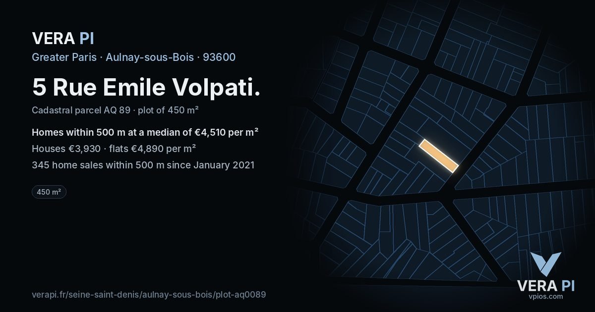 5 Rue Emile Volpati, Aulnay-sous-Bois at night – the plot lit, the parcels around coloured by the prices near them