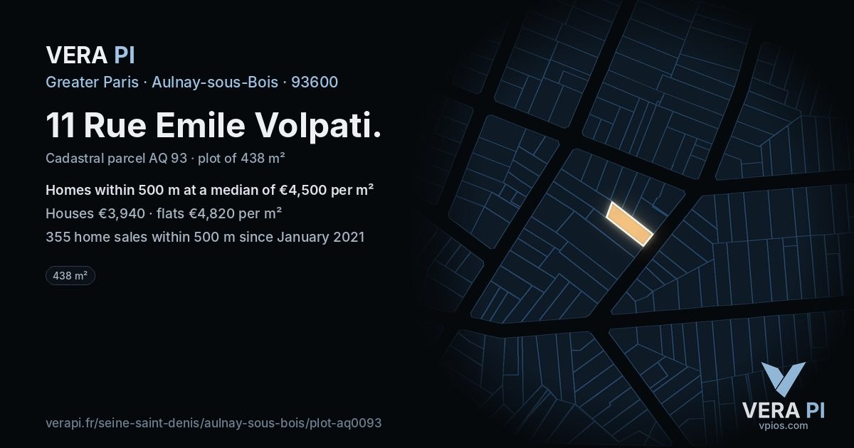 11 Rue Emile Volpati, Aulnay-sous-Bois at night – the plot lit, the parcels around coloured by the prices near them