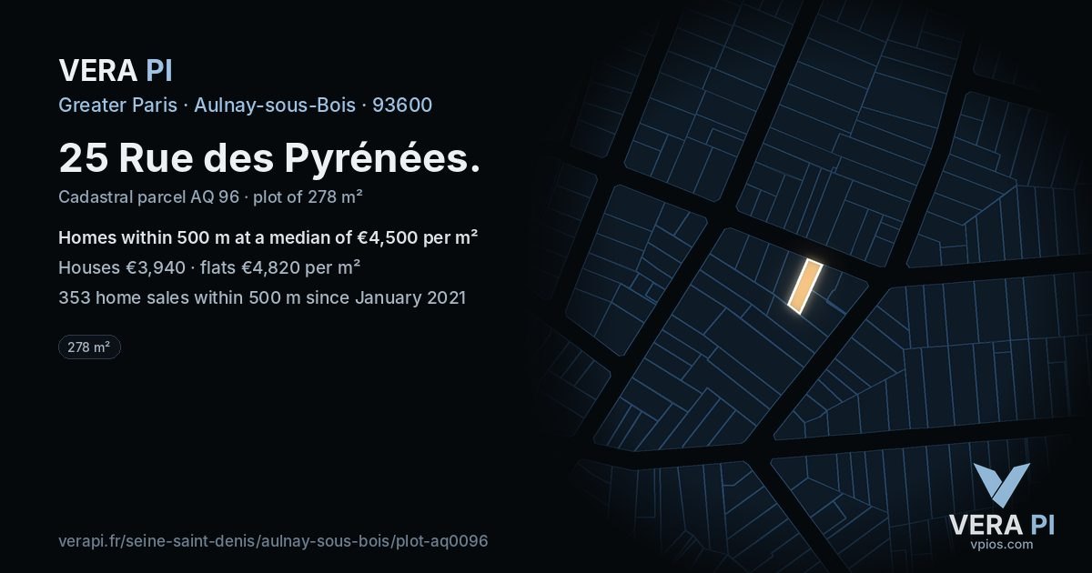 25 Rue des Pyrénées, Aulnay-sous-Bois at night – the plot lit, the parcels around coloured by the prices near them