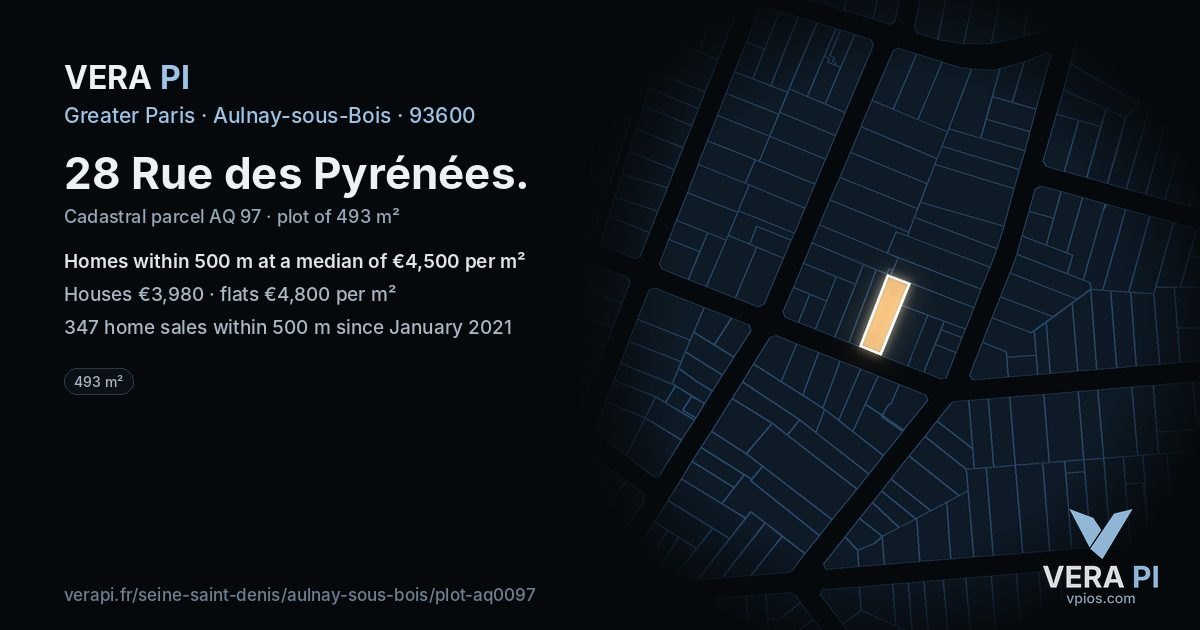 28 Rue des Pyrénées, Aulnay-sous-Bois at night – the plot lit, the parcels around coloured by the prices near them