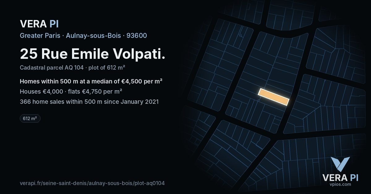 25 Rue Emile Volpati, Aulnay-sous-Bois at night – the plot lit, the parcels around coloured by the prices near them
