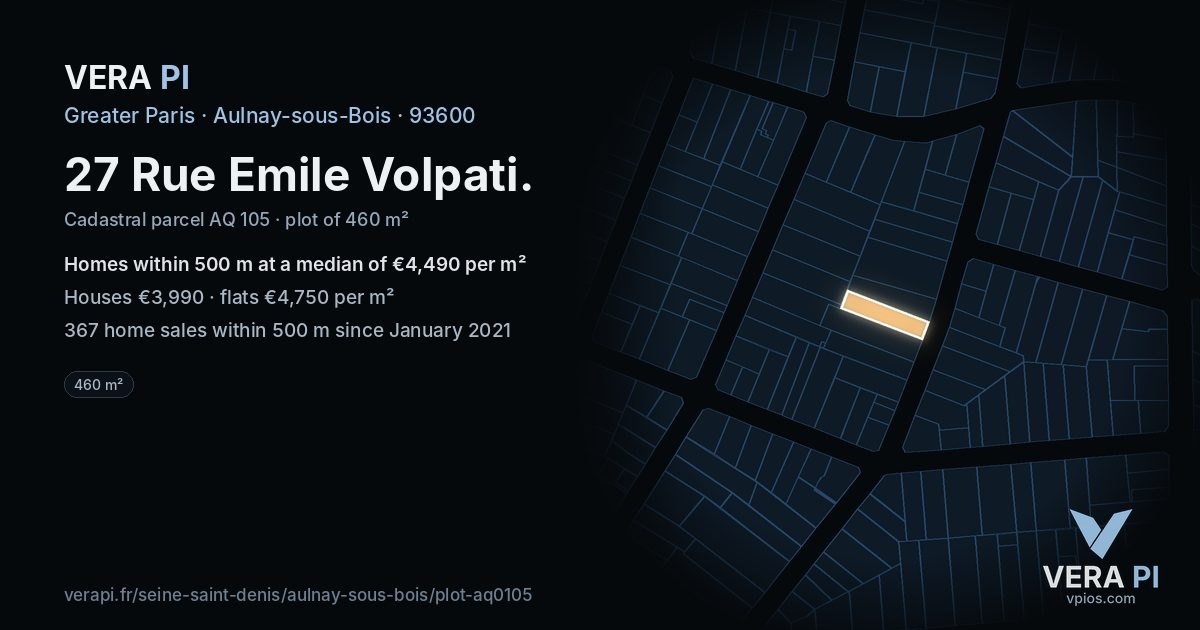 27 Rue Emile Volpati, Aulnay-sous-Bois at night – the plot lit, the parcels around coloured by the prices near them