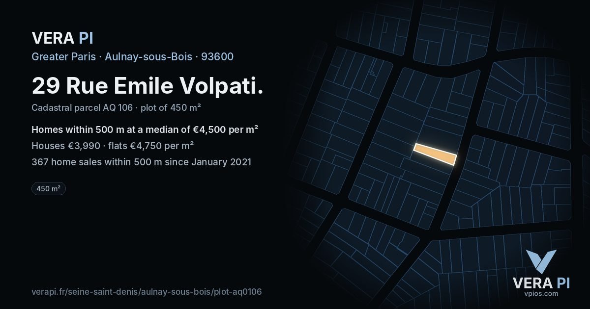 29 Rue Emile Volpati, Aulnay-sous-Bois at night – the plot lit, the parcels around coloured by the prices near them