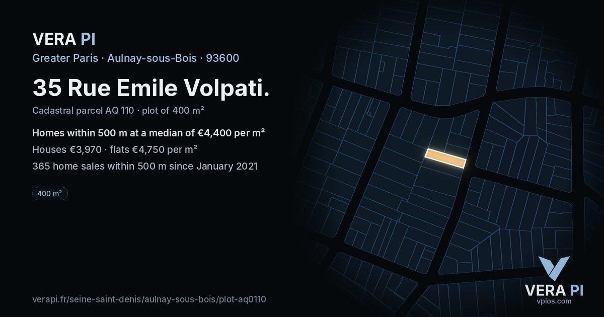 35 Rue Emile Volpati, Aulnay-sous-Bois at night – the plot lit, the parcels around coloured by the prices near them