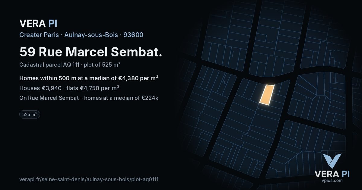 59 Rue Marcel Sembat, Aulnay-sous-Bois at night – the plot lit, the parcels around coloured by the prices near them