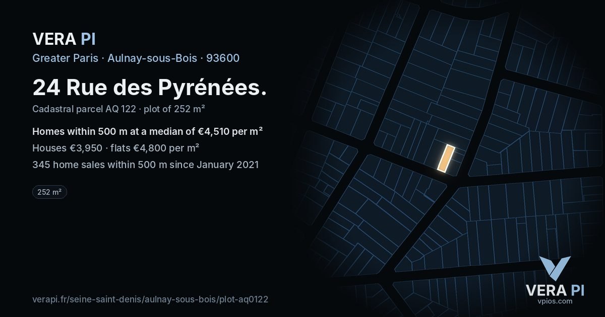 24 Rue des Pyrénées, Aulnay-sous-Bois at night – the plot lit, the parcels around coloured by the prices near them