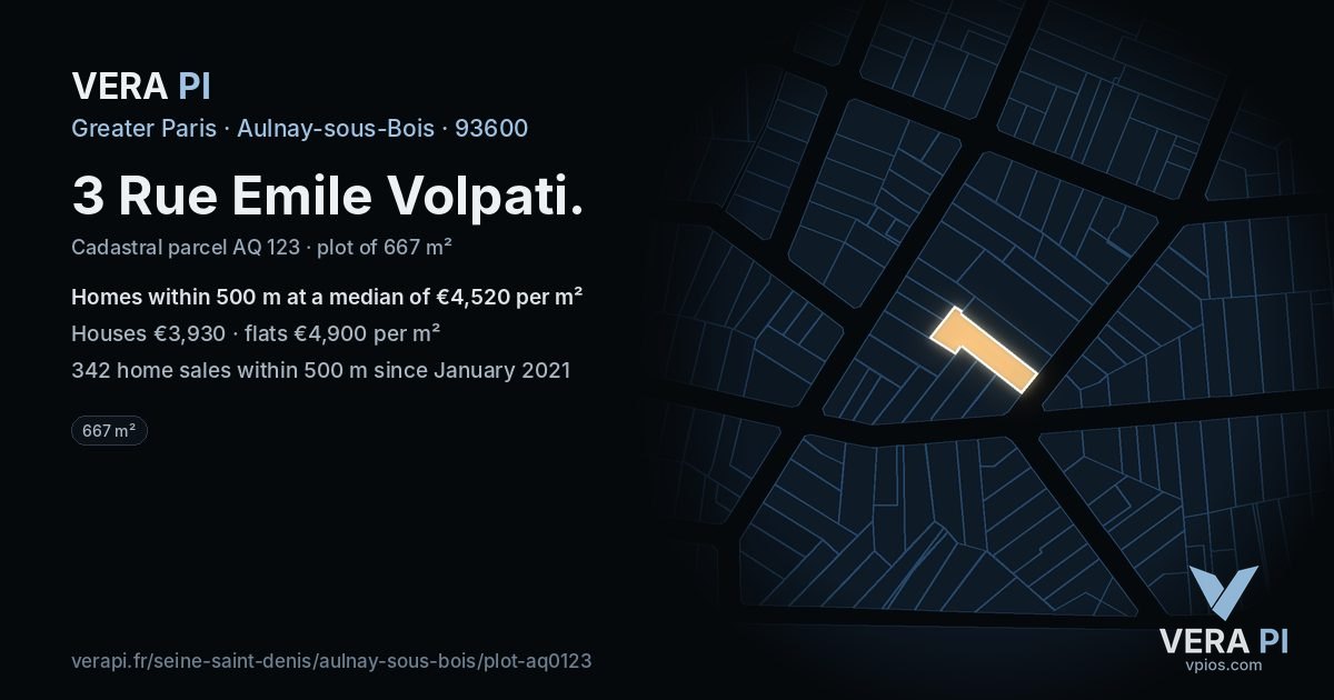 3 Rue Emile Volpati, Aulnay-sous-Bois at night – the plot lit, the parcels around coloured by the prices near them