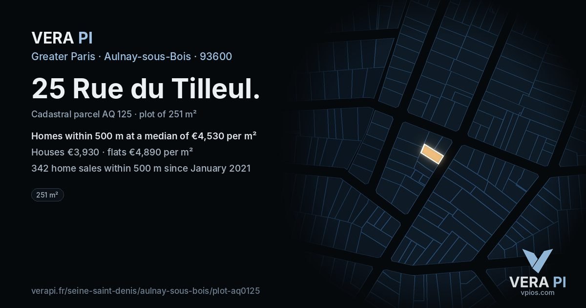 25 Rue du Tilleul, Aulnay-sous-Bois at night – the plot lit, the parcels around coloured by the prices near them