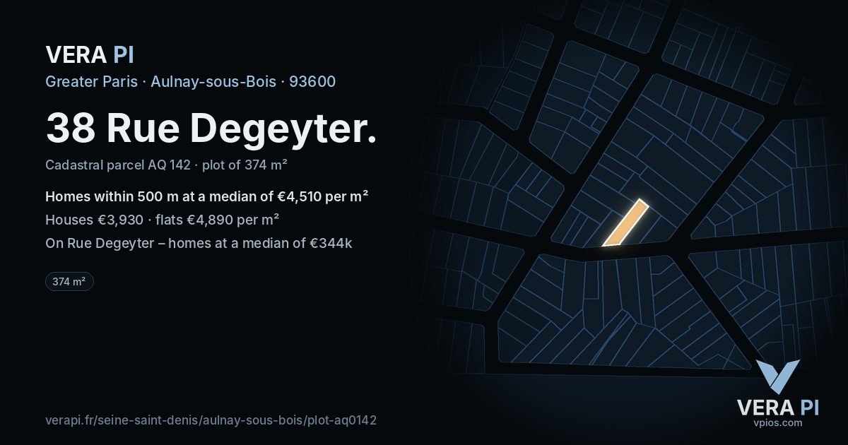 38 Rue Degeyter, Aulnay-sous-Bois at night – the plot lit, the parcels around coloured by the prices near them