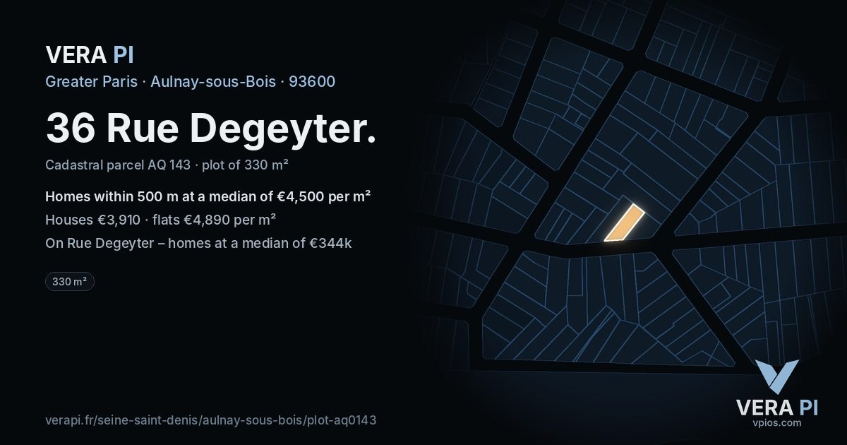 36 Rue Degeyter, Aulnay-sous-Bois at night – the plot lit, the parcels around coloured by the prices near them