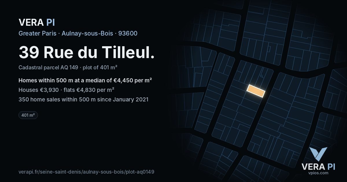 39 Rue du Tilleul, Aulnay-sous-Bois at night – the plot lit, the parcels around coloured by the prices near them