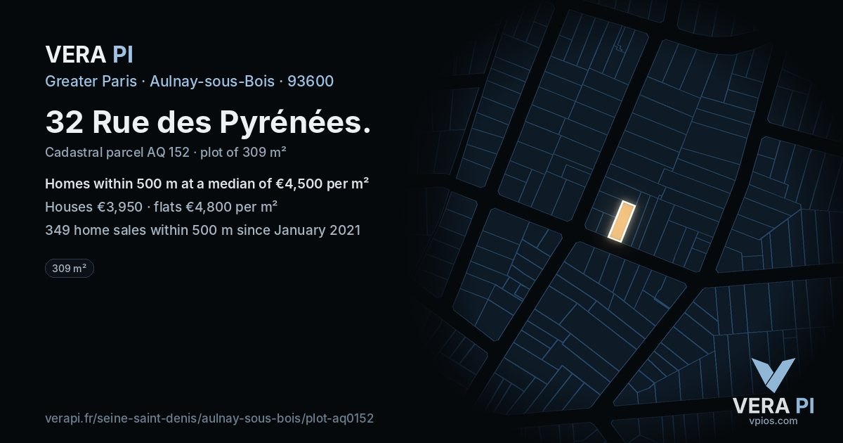 32 Rue des Pyrénées, Aulnay-sous-Bois at night – the plot lit, the parcels around coloured by the prices near them