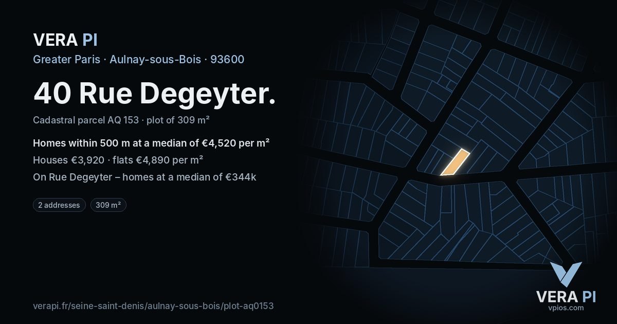 40 Rue Degeyter, Aulnay-sous-Bois at night – the plot lit, the parcels around coloured by the prices near them