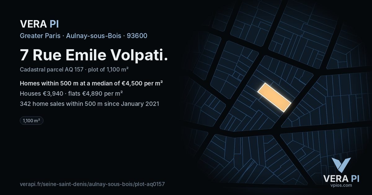 7 Rue Emile Volpati, Aulnay-sous-Bois at night – the plot lit, the parcels around coloured by the prices near them