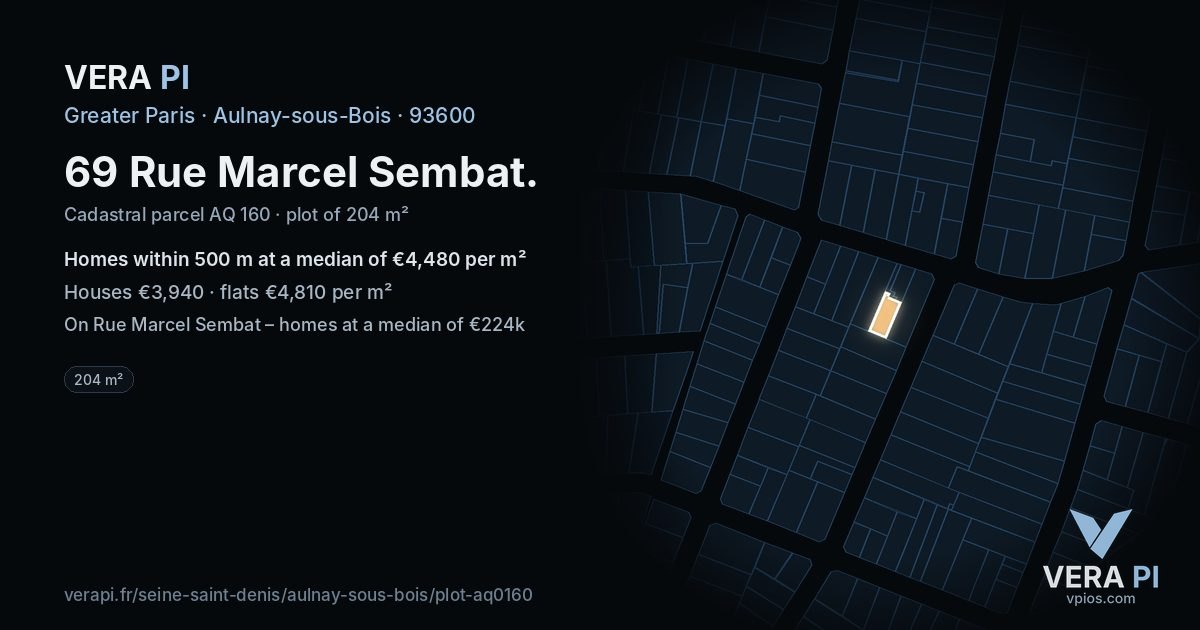 69 Rue Marcel Sembat, Aulnay-sous-Bois at night – the plot lit, the parcels around coloured by the prices near them
