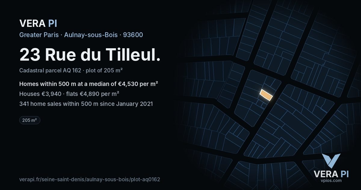 23 Rue du Tilleul, Aulnay-sous-Bois at night – the plot lit, the parcels around coloured by the prices near them