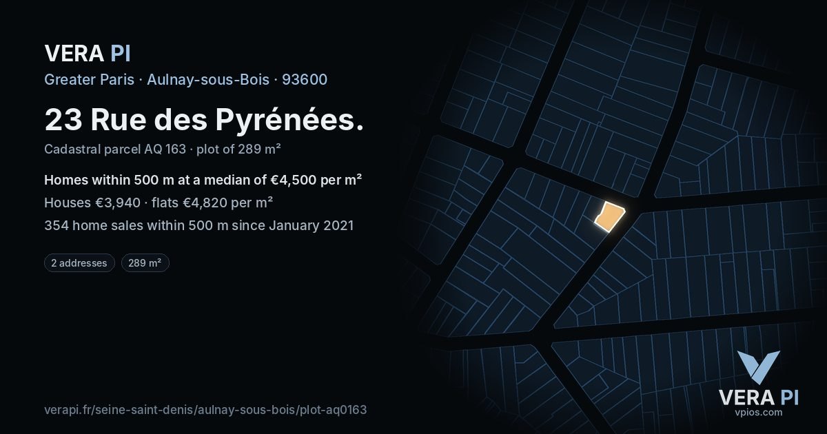 23 Rue des Pyrénées, Aulnay-sous-Bois at night – the plot lit, the parcels around coloured by the prices near them