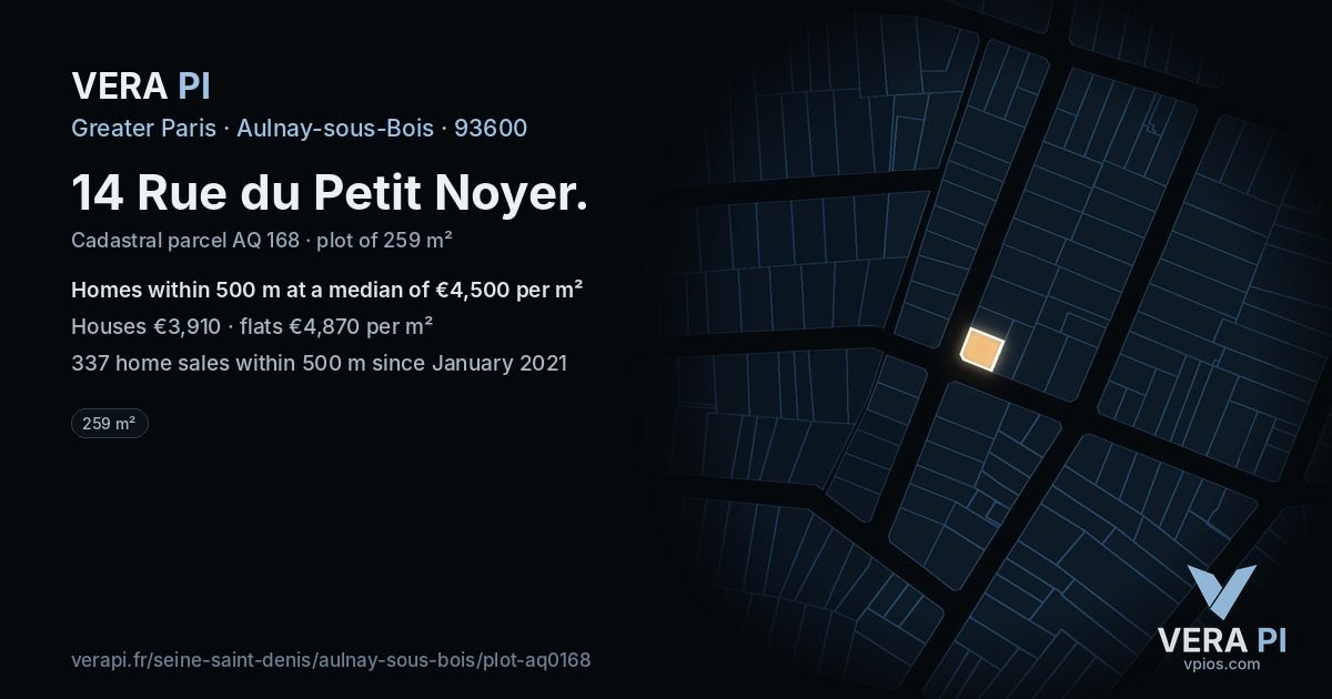 14 Rue du Petit Noyer, Aulnay-sous-Bois at night – the plot lit, the parcels around coloured by the prices near them