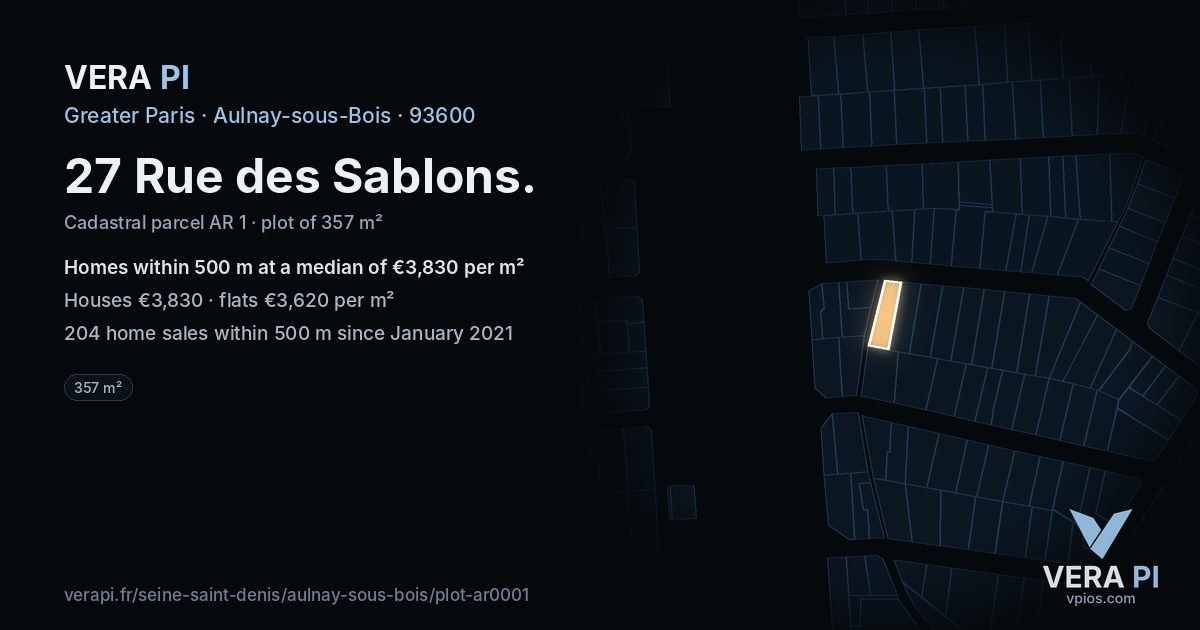 27 Rue des Sablons, Aulnay-sous-Bois at night – the plot lit, the parcels around coloured by the prices near them