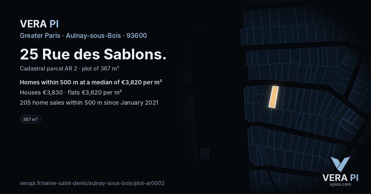 25 Rue des Sablons, Aulnay-sous-Bois at night – the plot lit, the parcels around coloured by the prices near them