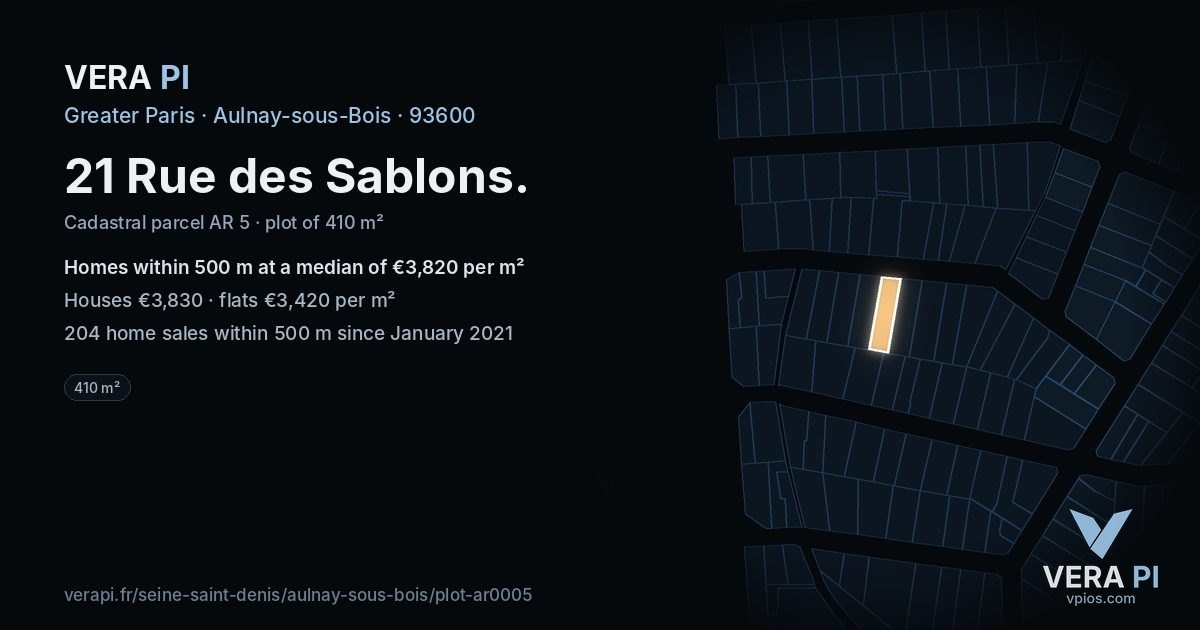 21 Rue des Sablons, Aulnay-sous-Bois at night – the plot lit, the parcels around coloured by the prices near them