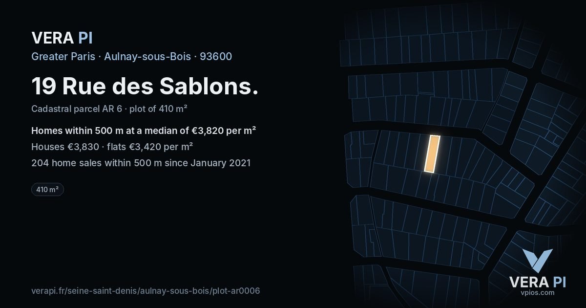 19 Rue des Sablons, Aulnay-sous-Bois at night – the plot lit, the parcels around coloured by the prices near them