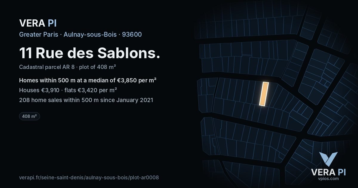 11 Rue des Sablons, Aulnay-sous-Bois at night – the plot lit, the parcels around coloured by the prices near them