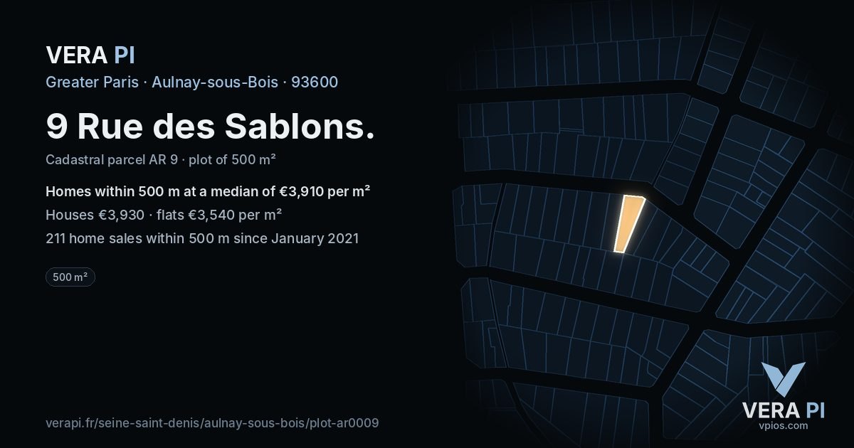9 Rue des Sablons, Aulnay-sous-Bois at night – the plot lit, the parcels around coloured by the prices near them
