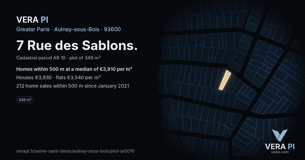 7 Rue des Sablons, Aulnay-sous-Bois at night – the plot lit, the parcels around coloured by the prices near them