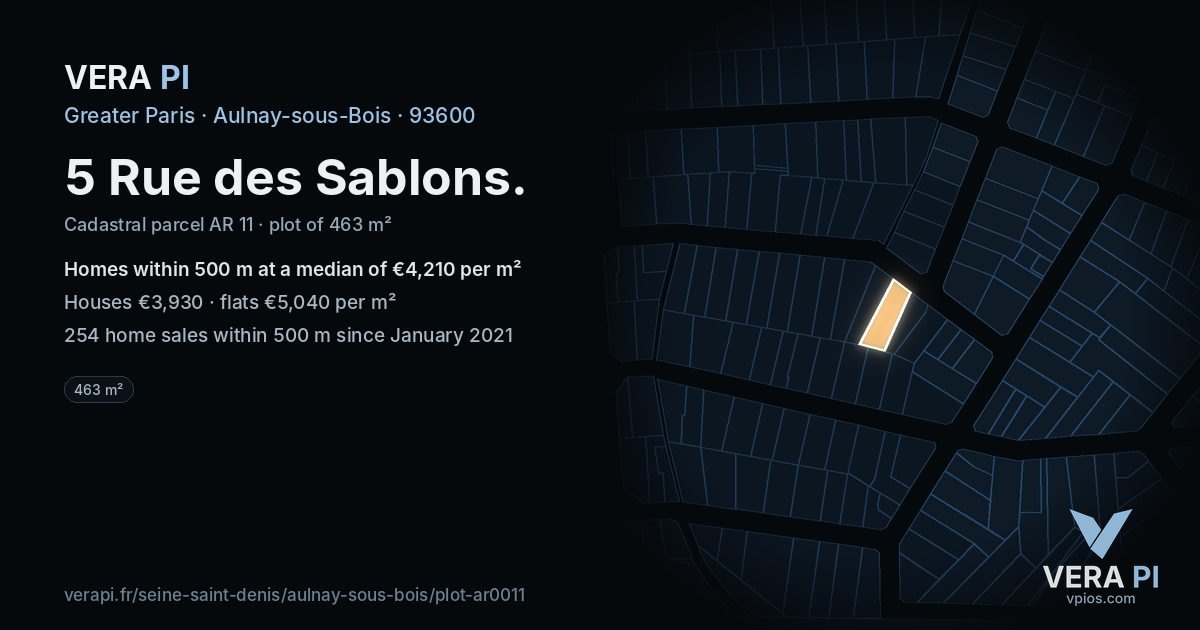 5 Rue des Sablons, Aulnay-sous-Bois at night – the plot lit, the parcels around coloured by the prices near them