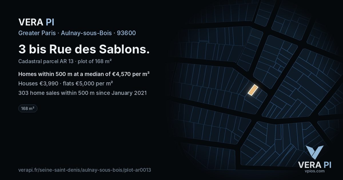 3 bis Rue des Sablons, Aulnay-sous-Bois at night – the plot lit, the parcels around coloured by the prices near them