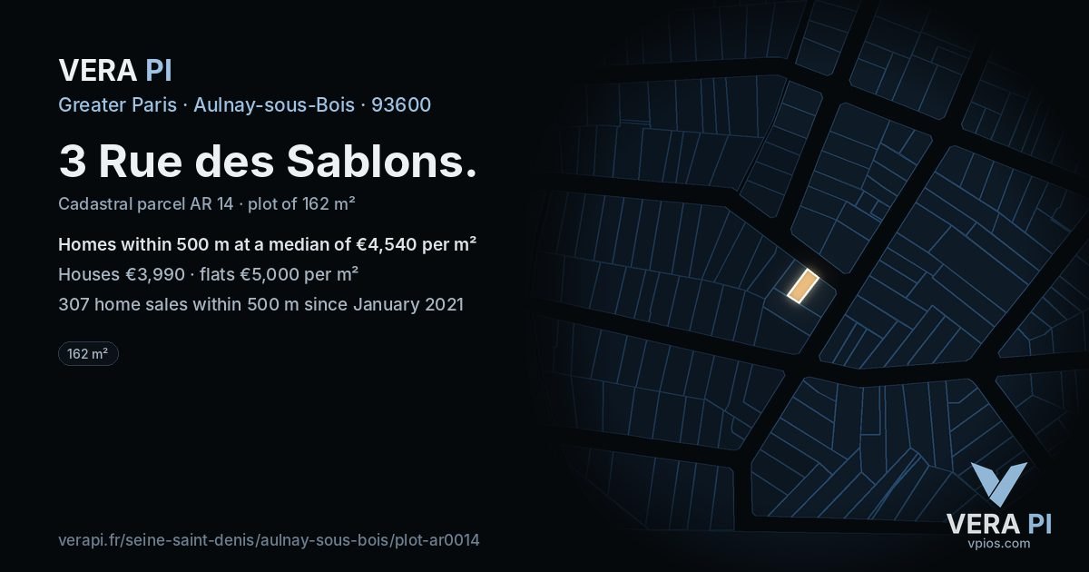 3 Rue des Sablons, Aulnay-sous-Bois at night – the plot lit, the parcels around coloured by the prices near them