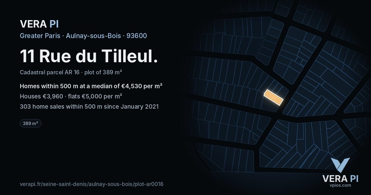 11 Rue du Tilleul, Aulnay-sous-Bois at night – the plot lit, the parcels around coloured by the prices near them