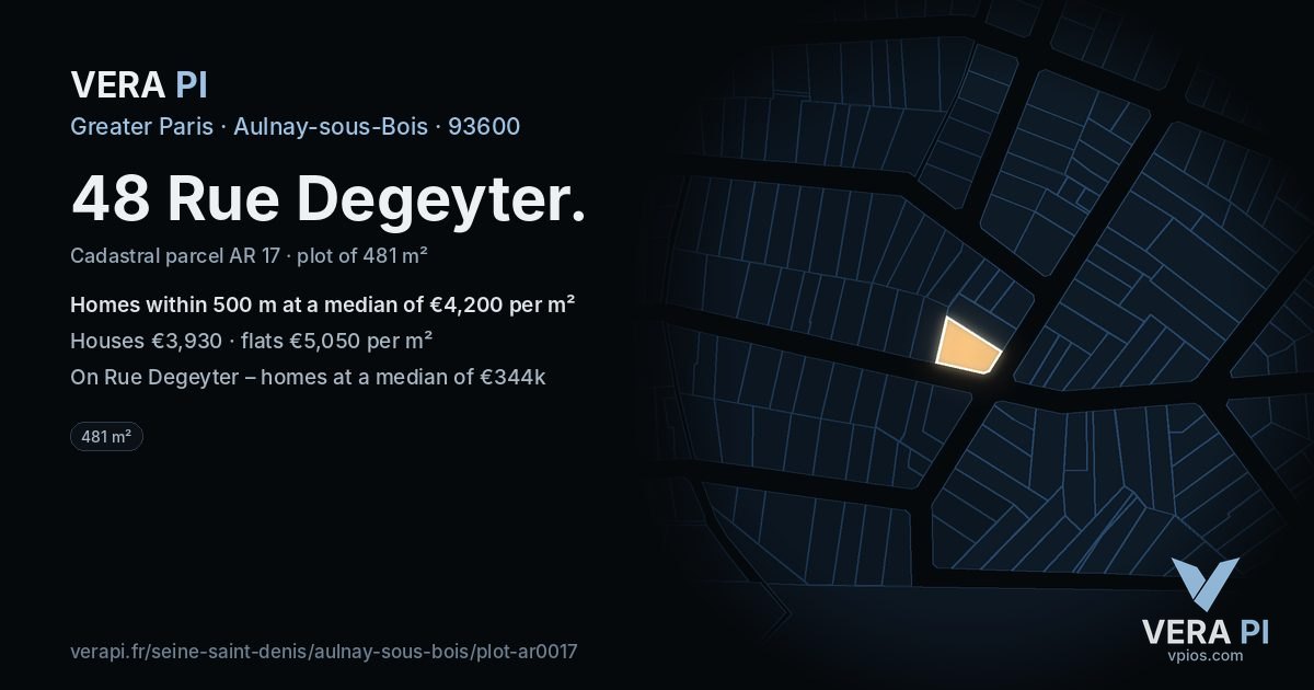 48 Rue Degeyter, Aulnay-sous-Bois at night – the plot lit, the parcels around coloured by the prices near them