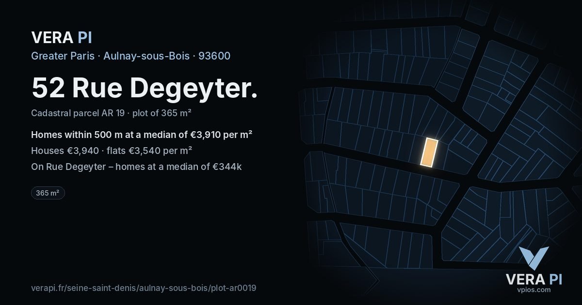 52 Rue Degeyter, Aulnay-sous-Bois at night – the plot lit, the parcels around coloured by the prices near them