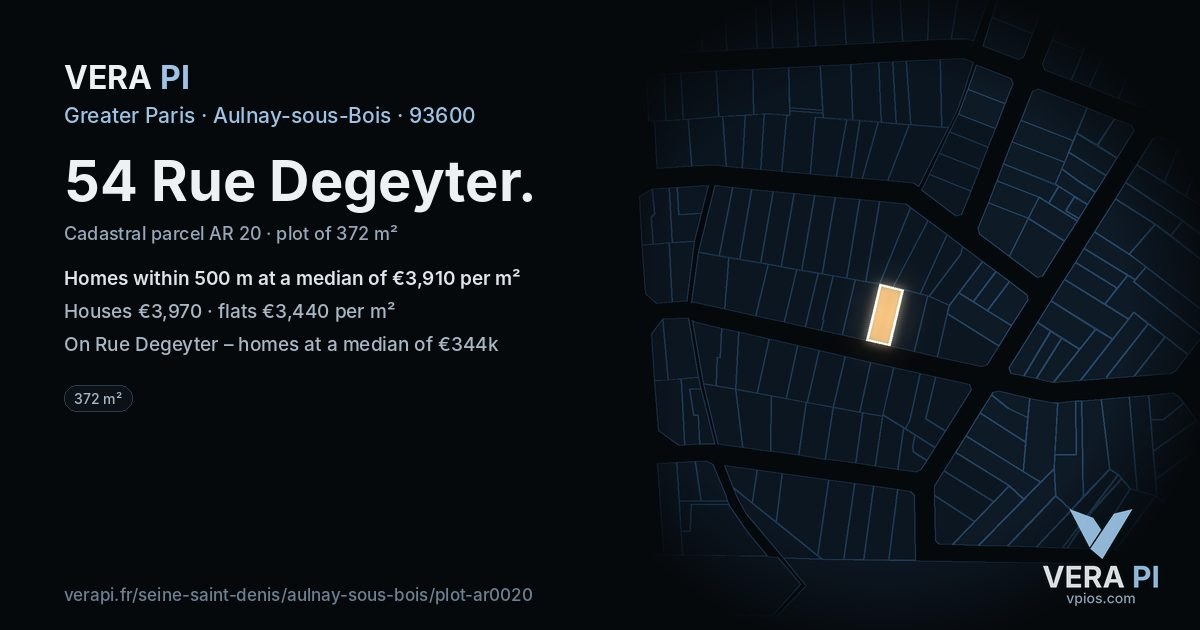 54 Rue Degeyter, Aulnay-sous-Bois at night – the plot lit, the parcels around coloured by the prices near them