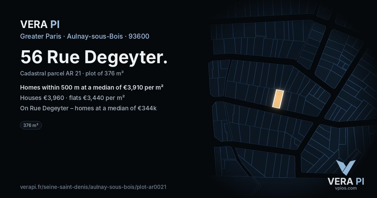 56 Rue Degeyter, Aulnay-sous-Bois at night – the plot lit, the parcels around coloured by the prices near them