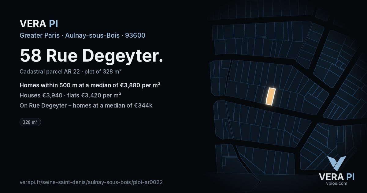 58 Rue Degeyter, Aulnay-sous-Bois at night – the plot lit, the parcels around coloured by the prices near them
