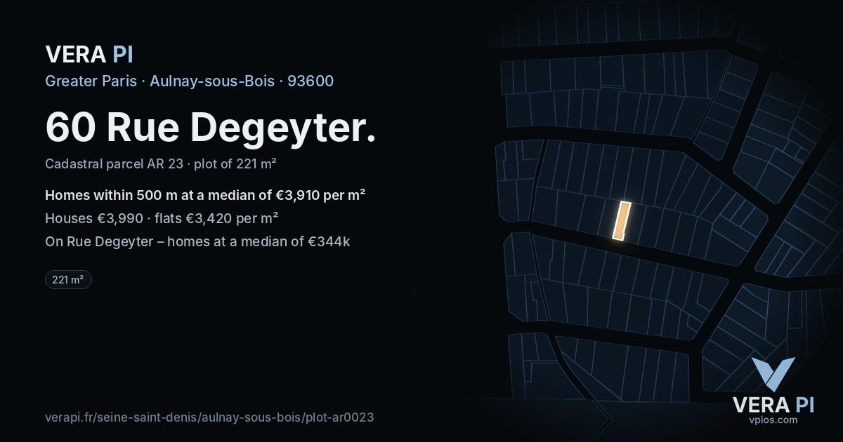 60 Rue Degeyter, Aulnay-sous-Bois at night – the plot lit, the parcels around coloured by the prices near them