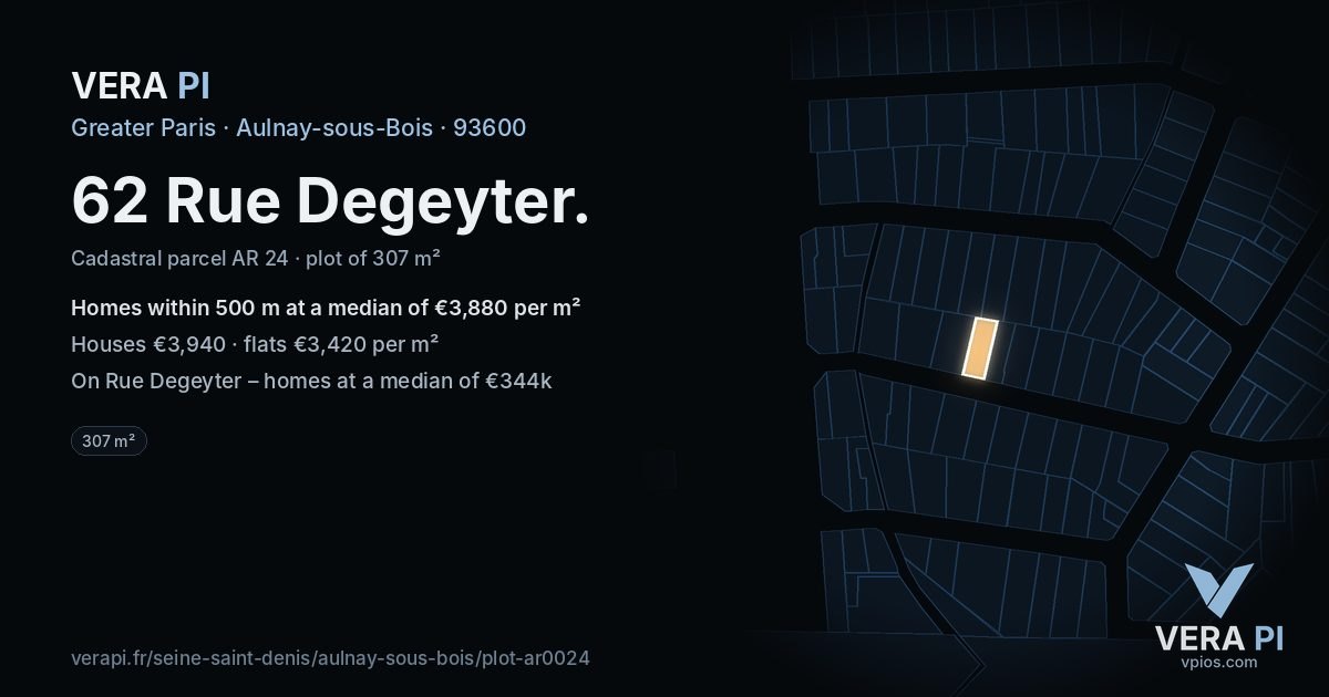 62 Rue Degeyter, Aulnay-sous-Bois at night – the plot lit, the parcels around coloured by the prices near them