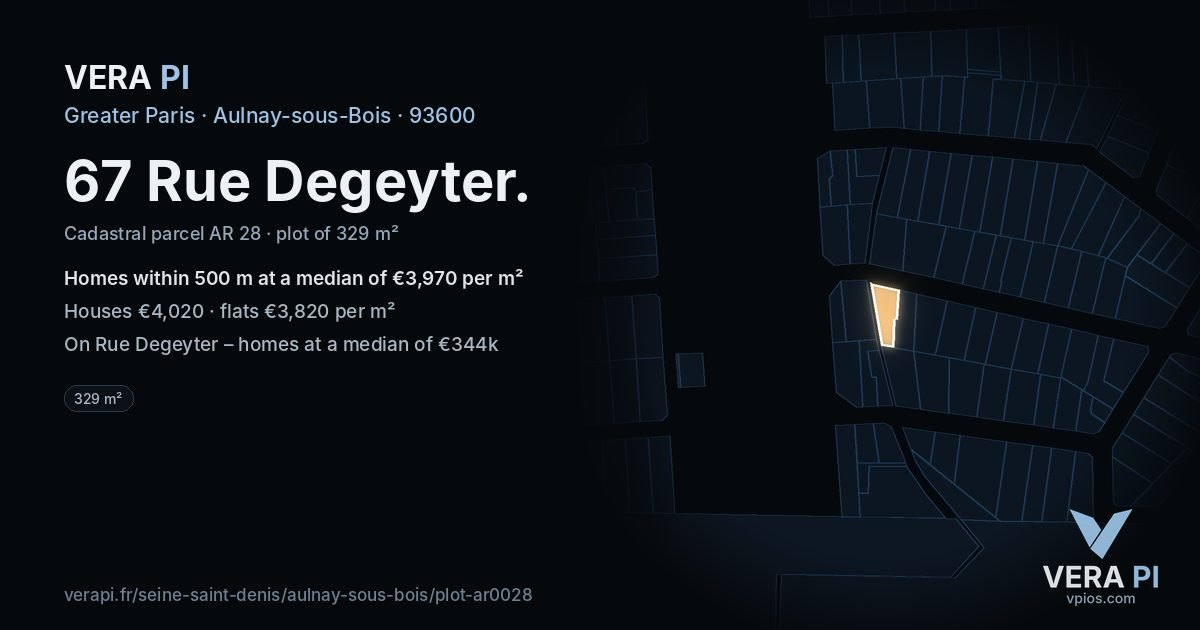 67 Rue Degeyter, Aulnay-sous-Bois at night – the plot lit, the parcels around coloured by the prices near them
