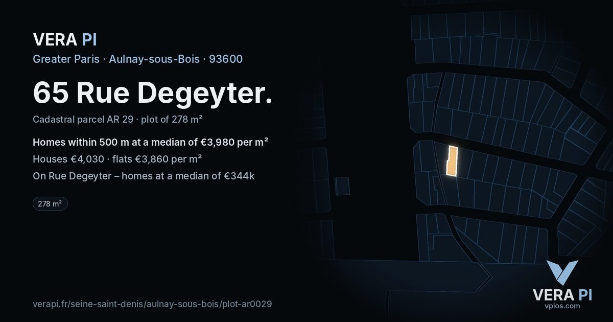 65 Rue Degeyter, Aulnay-sous-Bois at night – the plot lit, the parcels around coloured by the prices near them